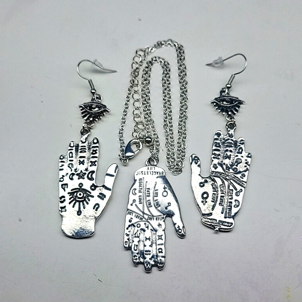 Palmistry Palm Reading Dangle Earring and Necklace Set Silver Tone